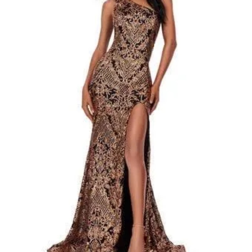 Ashley Lauren #11471 bronze/Black sequins one shoulder mermaid dress size 14